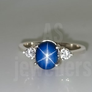 Blue Star Sapphire Ring Lindy Star Sapphire Mothers Day Gifts 6 Rays Star Sapphire 925 Sterling Silver Star Gemstone Ring Birthday Gifts