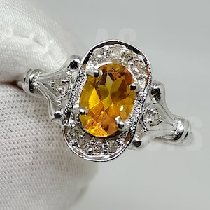 Oval Citrine Ring: 925 Sterling Silver, CZ Diamond Halo