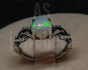 Ethiopian Opal Ring: Handmade 925 Sterling Silver, 6mm Oval Stone