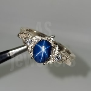 Blue Star Sapphire Ring, Deco Diamond Sapphire, Lab Star Sapphire Ring, Simple Promise Ring For Her, Mothers Day Gifts,Anniversary Gifts