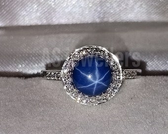Vintage Star Blue Sapphire Ring Engagement Ring 925 Sterling Silver Ring Round Lab Sapphire Ring Birthday Ring Stackable Ring Christmas Gift