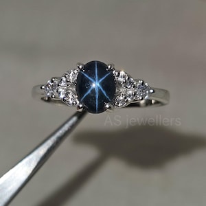 Genuine Blue Star Sapphire Ring, 14k Gold White Gold ring, Natural Star Sapphire ring, Natural Gemstone rings, Gift For Her, Gift for Own
