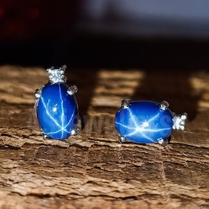 Vintage Lab Blue Star Sapphire-oorbellen: handgemaakte 925 sterlingzilveren oorstekers