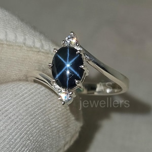 Natural Blue Star Sapphire Ring, 14k White Gold, Moissanite Accents