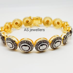 Glorious 925 Sterling Silver Rose Cut Polki Diamond Bracelet Pave Diamond Designer Bracelet Golden Plated Bracelet Amazing Handmade Bracelet