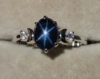 Genuine Star Sapphire Ring 14k White Gold Ring For Her Natural Gemstone Ring September Birthstone Ring Gift For Women