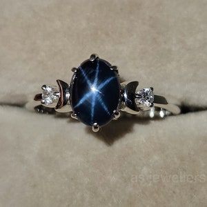 Natural Star Sapphire Ring: 14k White Gold, Moissanite Accents