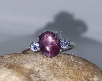 Natural Star Ruby Ring-Tanzanite ring- 925 Sterling Silver Ring - Oval Star Ruby Ring Gemstone Ring Anniversary Gift - Birthday Ring For Her