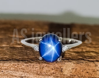 Vintage Blue Star Sapphire Ring Lindy Star Sapphire Ring 925Sterling Silver Ring Oval Lab Sapphire Ring Stackable Ring Women&#39;s Birthday Gift