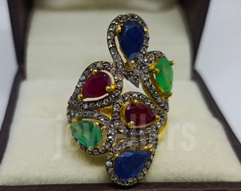 Natural Ruby, Emerald, Sapphire & Diamond Ring - 925 Sterling Silver