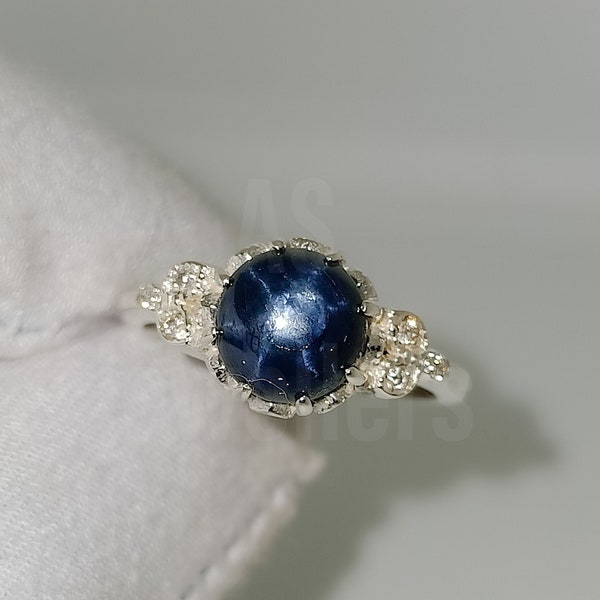 Vintage 100% Genuine Natural Blue Star Sapphire Ring Solid 925 Sterling Silver Unique Sapphire Ring Stackable Women's  Rings Gift for All