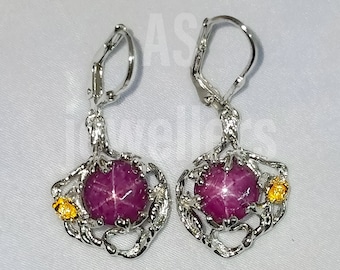 Red Star Ruby Earrings: Sterling Silver Tree Leaves Dangle Earrings