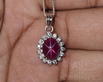 Red Star Ruby Pendant: 925 Sterling Silver, CZ Diamond Halo