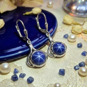 Vintage Round Lindy Blue Star Sapphire Earrings: Handmade 925 Sterling Silver