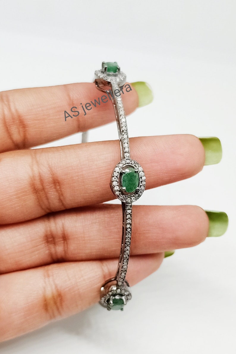 Anniversary Gift Emerald Diamond Bracelet Sterling Silver Jewelry Wedding Gifts Pave Diamond Jewelry Pave Diamond and Emerald Bangle