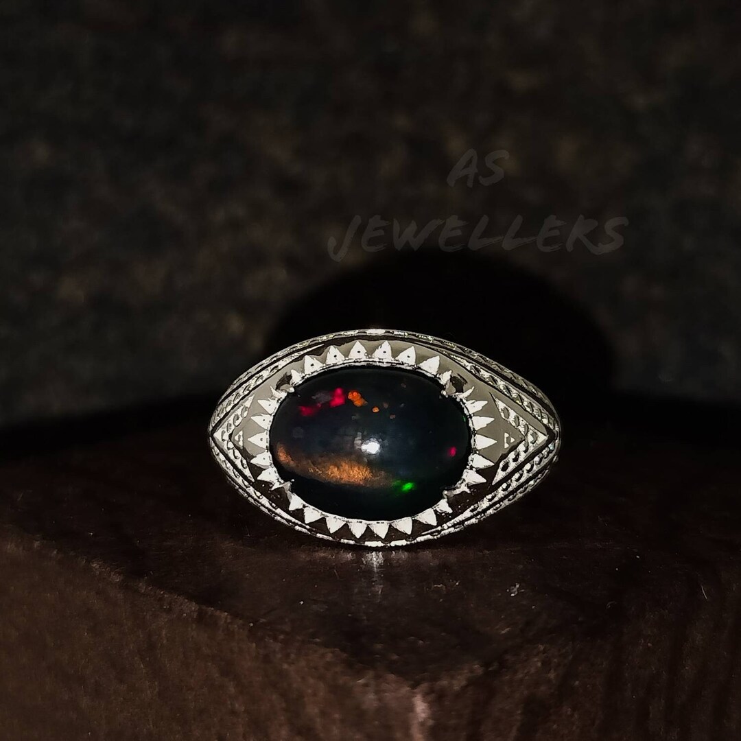 Men's Black Opal Ring October Birthstone Ring 925 Sterling Silver Ring