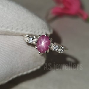 Naturlig rosa stjärnrubinring: Vintage 925 sterlingsilver, CZ-diamanter