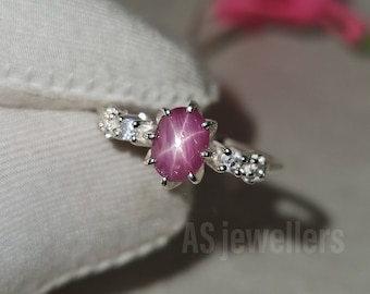 Natural Pink Star Ruby Ring: Vintage 925 Sterling Silver, CZ Diamond Accents