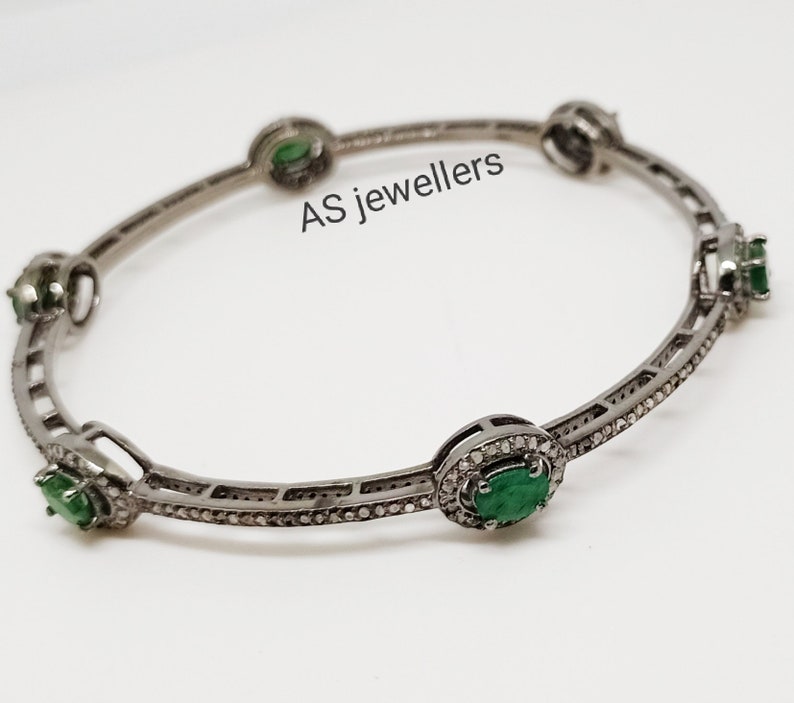 Anniversary Gift Emerald Diamond Bracelet Sterling Silver Jewelry Wedding Gifts Pave Diamond Jewelry Pave Diamond and Emerald Bangle