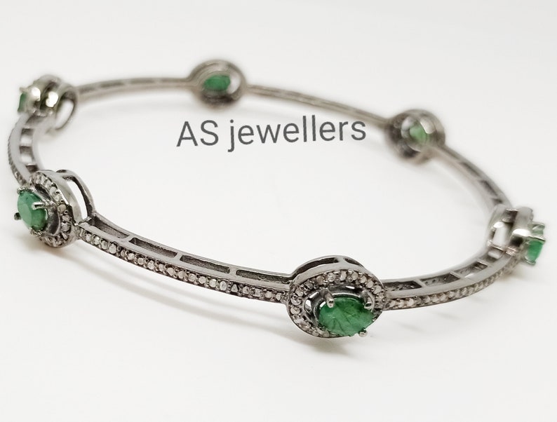Anniversary Gift Emerald Diamond Bracelet Sterling Silver Jewelry Wedding Gifts Pave Diamond Jewelry Pave Diamond and Emerald Bangle