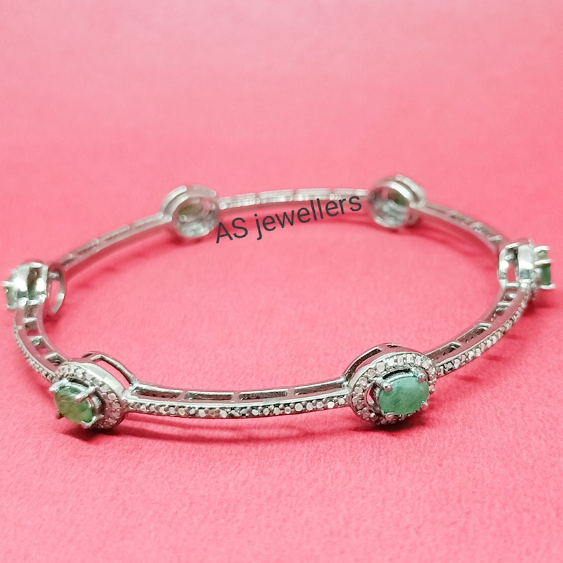 Anniversary Gift Emerald Diamond Bracelet Sterling Silver Jewelry Wedding Gifts Pave Diamond Jewelry Pave Diamond and Emerald Bangle