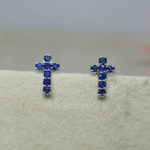 Criss Cross Stud Earring, Natural Blue Sapphire Cross Stud Earring,Perfect Gift Idea,Christmas Gift,925 Silver Cross,Baptism Gift, Kids Gift