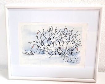 Foto originele aquarel sneeuw winter muurschildering