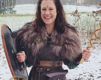 Taupe with black lace and leather band shoulder fur Heidschnucke Vikings Viking LARP Medieval shoulder fur cloak clothing