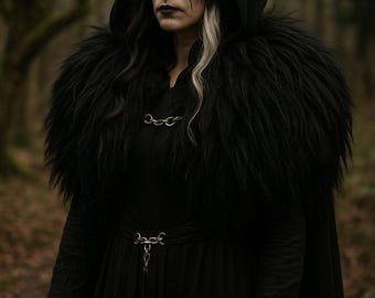 Black shoulder fur with chain - fur collar real sheepskin for medieval LARP fantasy cosplay Viking warrior shaman shieldmaiden
