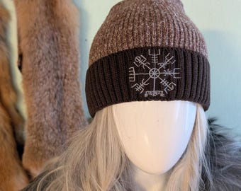 Warm knitted hat - soft & stretchy - winter hat embroidered with Vegvisir, Thor's hammer or Sleipnir - ideal gift for Vikings, Cletics