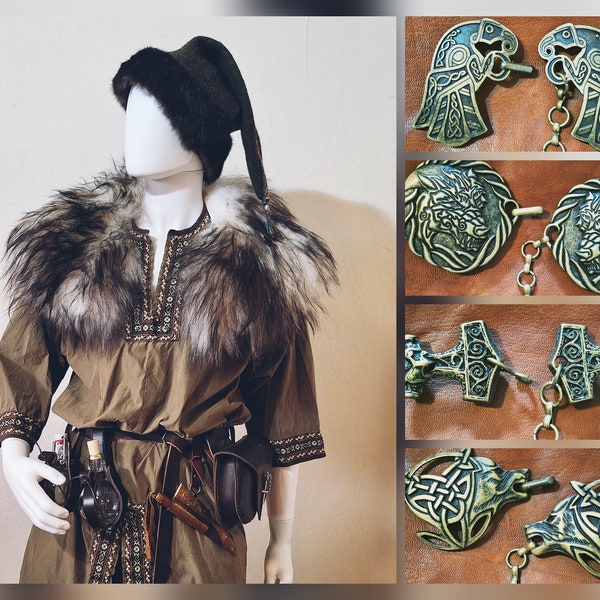 weißes Fell mit schwarzen Spitzen und Bronze Silber Verschluss Heidschnucke Vikings Wikinger Kleidung Kostüm Larp Mittelalter Schulterfell