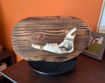 Handmade decoration - real animal bone jawbone on flamed wood with engraving - mythology Wicca altar nature pagan