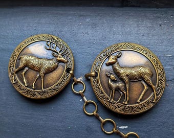 Garment clasp stag & doe with calf – deer spirit animal stag – Viking fibula – coat clasp LARP shoulder fur medieval costume