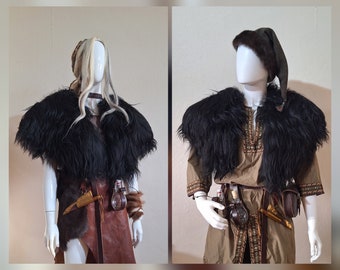 black shoulder fur with leather strap - Witch Gothic Vikings John Snow Viking Warrior Pagan Odin Ragnar Medieval Larp Norse Elf Orc