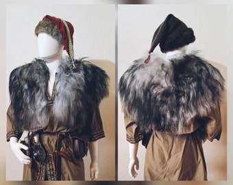 gray-black shoulder fur - Viking clothing Shieldmaiden Vikings sheepskin fur cape medieval leather strap costume cosplay jarl