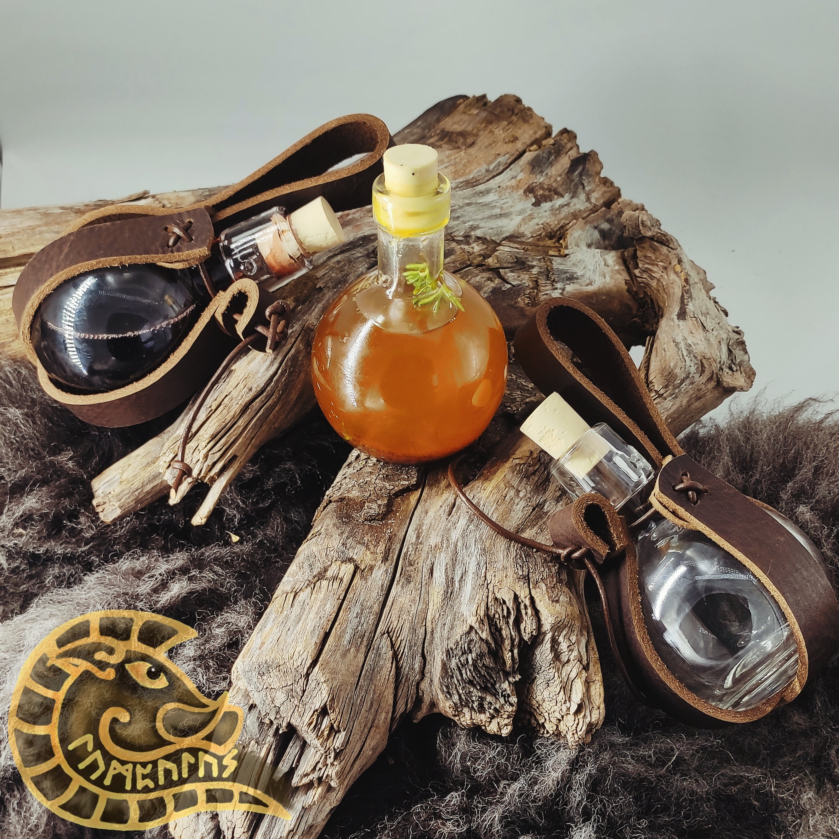 Dunkle Zaubertrank-Flasche Aus Glas Mit Ledergürtel – Runde Kugelflasche Für Kostüme & Deko