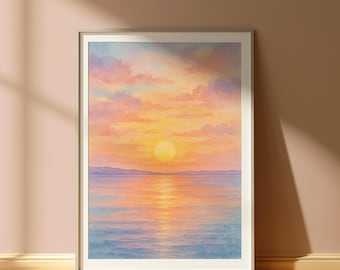 Sunset Ocean Watercolor Print – Pastel Seascape Wall Art (Digital Download)