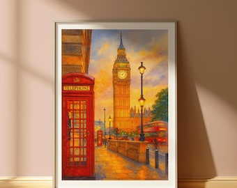 Aquarel Londen Big Ben: kunst aan de muur Brits stadsgezicht (digitale download)