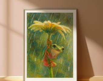 Frog Watercolor Print: Whimsical Rain Scene, Nature Wall Art (Digital Download)