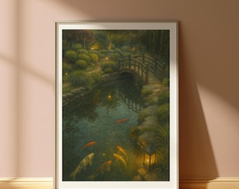 Impresión en acuarela de un estanque de koi: Escena tranquila de jardín (Descarga digital)