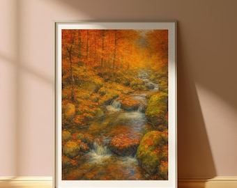 Autumn Forest Watercolor Print: Fall Stream Landscape Wall Art (Digital Download)