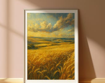 麦畑の水彩画、素朴な農家の壁アート、田舎の風景画、黄金の小麦の収穫