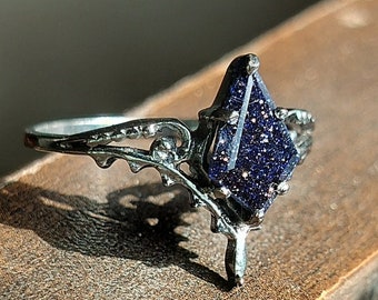 Handmade Sterling Silver Blue Sandstone Ring: Galaxy Space Design