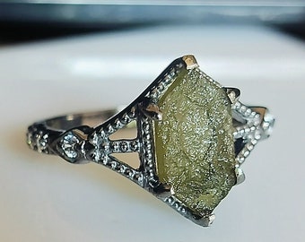 Raw Moldavite Ring: Long Hexagon, 925 Sterling Silver, Czech Gemstone