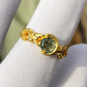 Round Rose moss Agate Ring Cat Green 925 Sterling Silver Gemstone/Moss Agate Ring /Engagement jewelry Handmade/Horizontal/Gift For Her, Ring