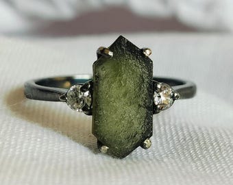 Rough Moldavite Sterling Silver Ring: Long Hexagon Cut, Czech Meteorite