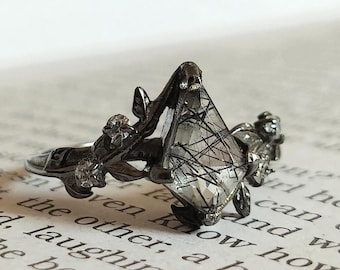 Kite Black Rutilated Quartz Ring: 925 Sterling Silver Engagement Ring