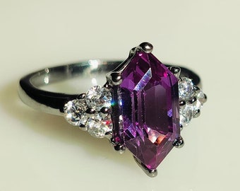 Hexagon Alexandrite Engagement Ring: Color Change Sterling Silver Solitaire