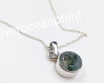 Moss Agate Necklace: Round 925 Sterling Silver Pendant