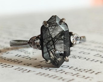 Hexagon Black Rutile Quartz Ring: Sterling Silver Engagement Ring